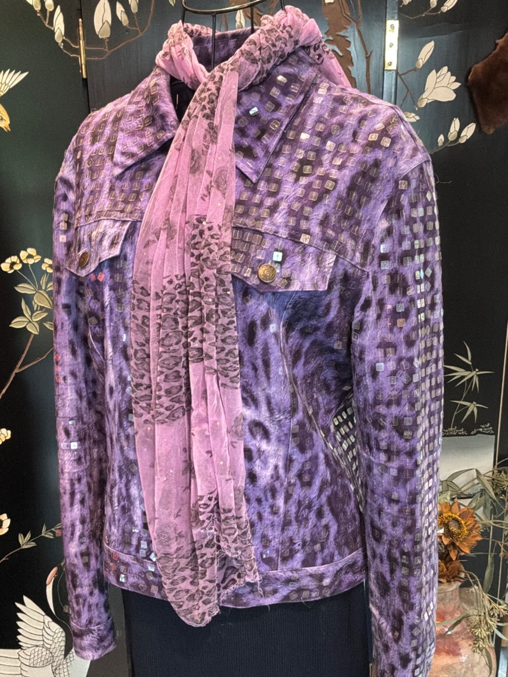 Vintage Oleg Cassini Nightsport Sequin Purple Leopard Jacket & Scarf Set